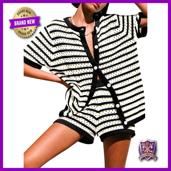 Other - Crochet Knit Coverup Set Oversized Boho Beach Shorts Button Shirt